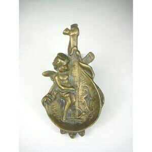 Vintage Brass Cherub Playing Cello Decorative Tray Tabletop Angel Playing Violin